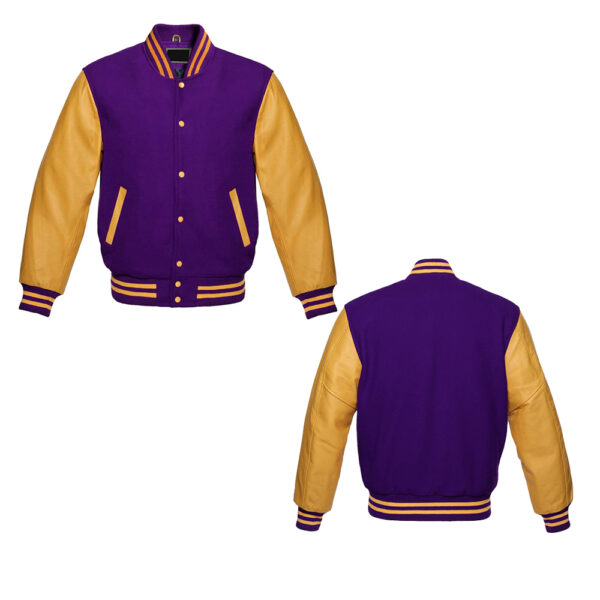 Premium Quality Purple & Gold Letterman Baseball Varsity Jacket - College Bomber with Genuin Leeather Sleeves - Image 5