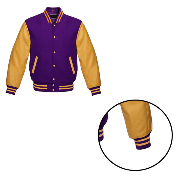 Premium Quality Purple & Gold Letterman Baseball Varsity Jacket - College Bomber with Genuin Leeather Sleeves - Image 3