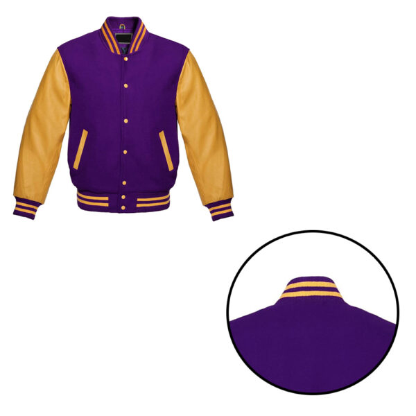 Premium Quality Purple & Gold Letterman Baseball Varsity Jacket - College Bomber with Genuin Leeather Sleeves - Image 4