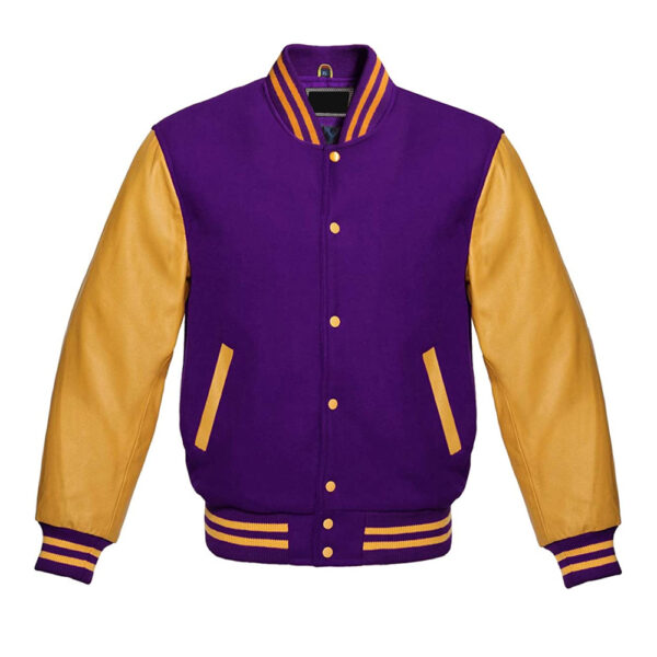 Premium Quality Purple & Gold Letterman Baseball Varsity Jacket - College Bomber with Genuin Leeather Sleeves