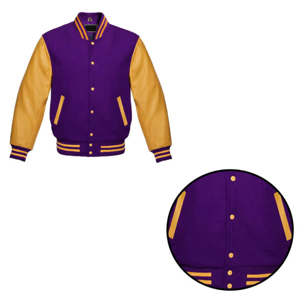 Premium Quality Purple & Gold Letterman Baseball Varsity Jacket - College Bomber with Genuin Leeather Sleeves - Image 2